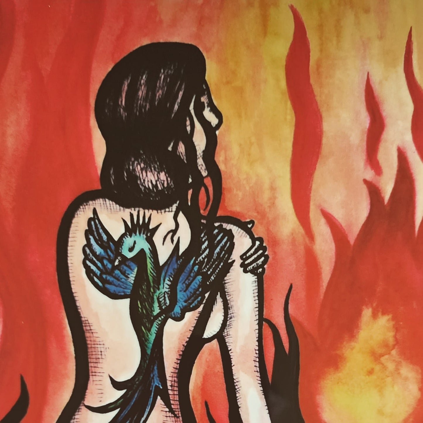 Woman and Flames, Phoenix, Female Body, Giclee Print on Fine Art Paper, Watercolor Painting, Ink Drawing, Feminist Art