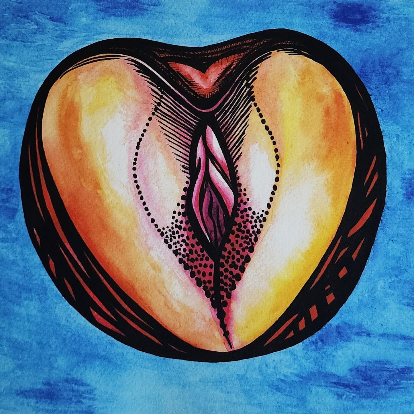 Anatomy Peach Print, Female Vulva Anatomy, Giclee Print on Fine Art Paper, Yoni, Vulva, Watercolor Painting, Ink Drawing, Feminist Art