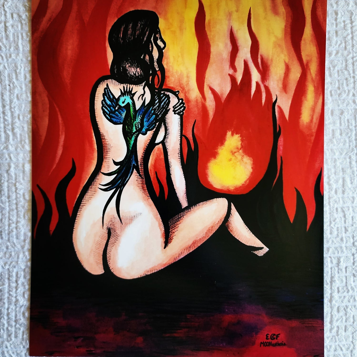 Woman and Flames, Phoenix, Female Body, Giclee Print on Fine Art Paper, Watercolor Painting, Ink Drawing, Feminist Art
