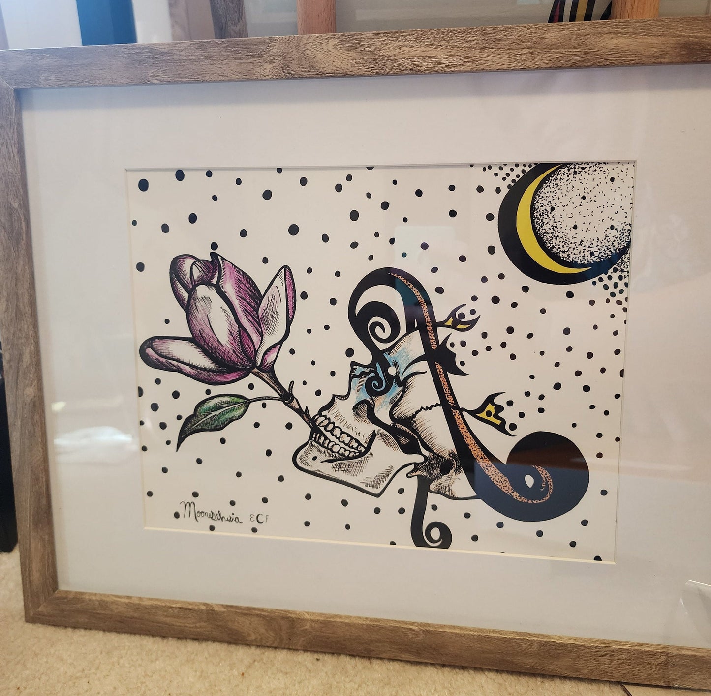 Skull and Moon, Dots, Flower, Magnolia, Floral Anatomy, Anatomy Print, Colored Pencil, Ink, Pen, Giclee Print on Fine Art Paper