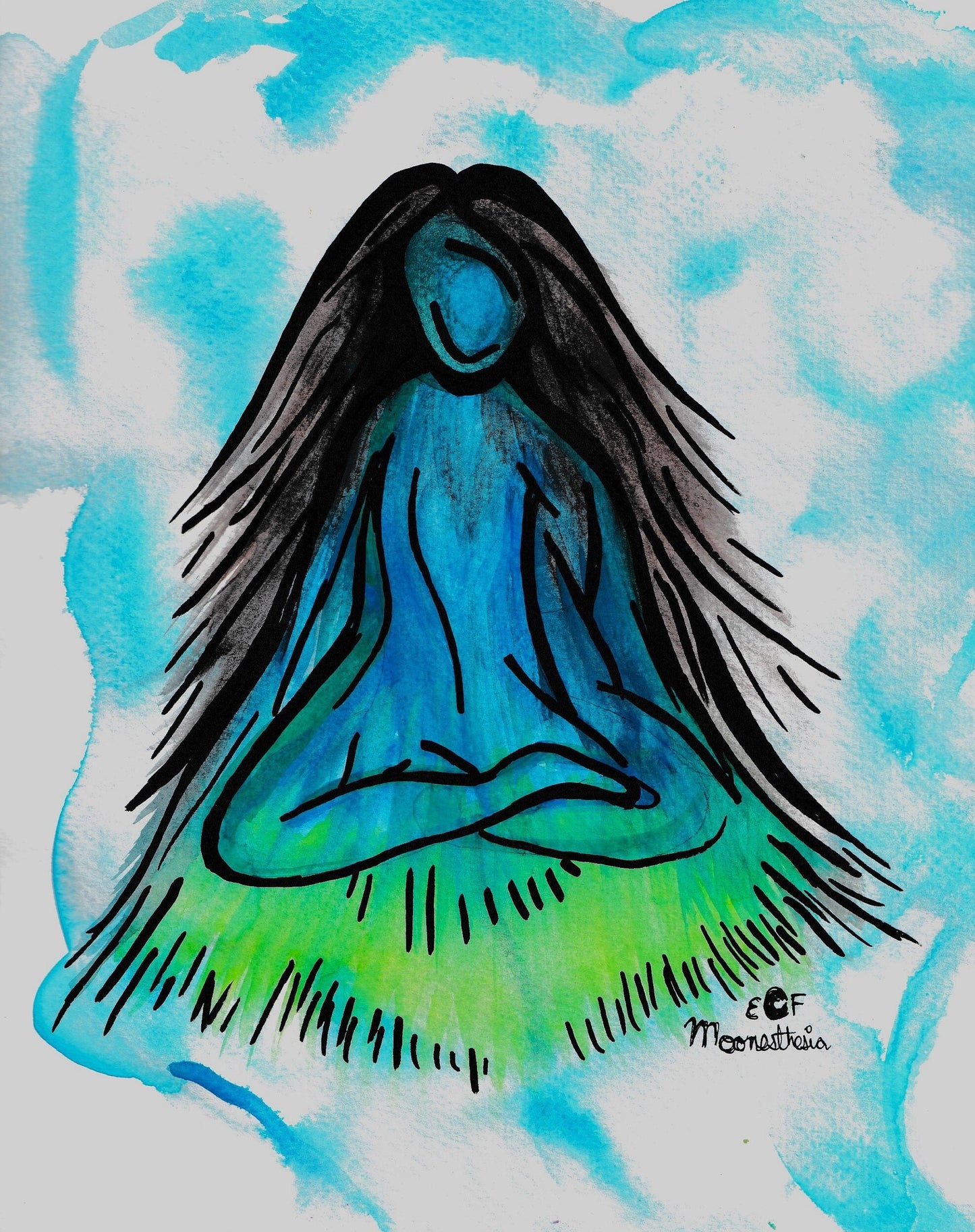 Island Mountain Woman Art Print, Te Fiti, Peaceful Clouds, Watercolor Painting, Nature, Giclee Print on Fine Art Paper