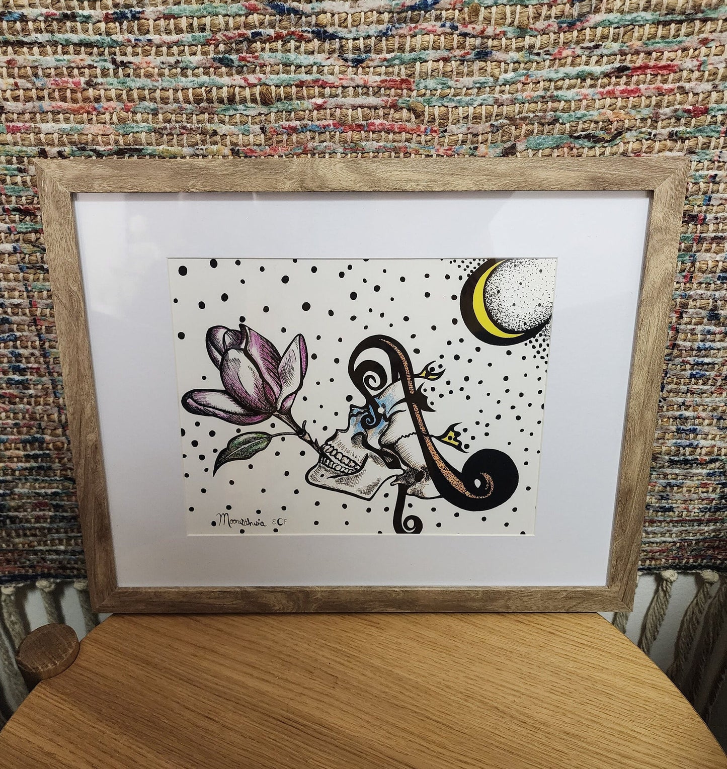Skull and Moon, Dots, Flower, Magnolia, Floral Anatomy, Anatomy Print, Colored Pencil, Ink, Pen, Giclee Print on Fine Art Paper
