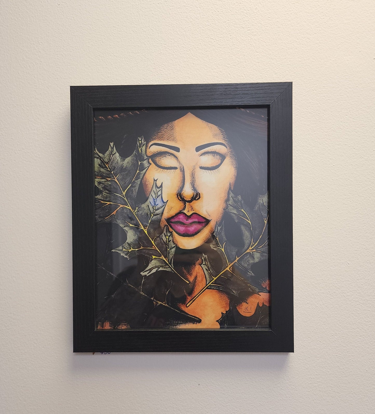 Woman in Leaves, Female Face, Lips, Watercolor Painting, Ink Pen Drawing, Giclee Print on Fine Art Paper