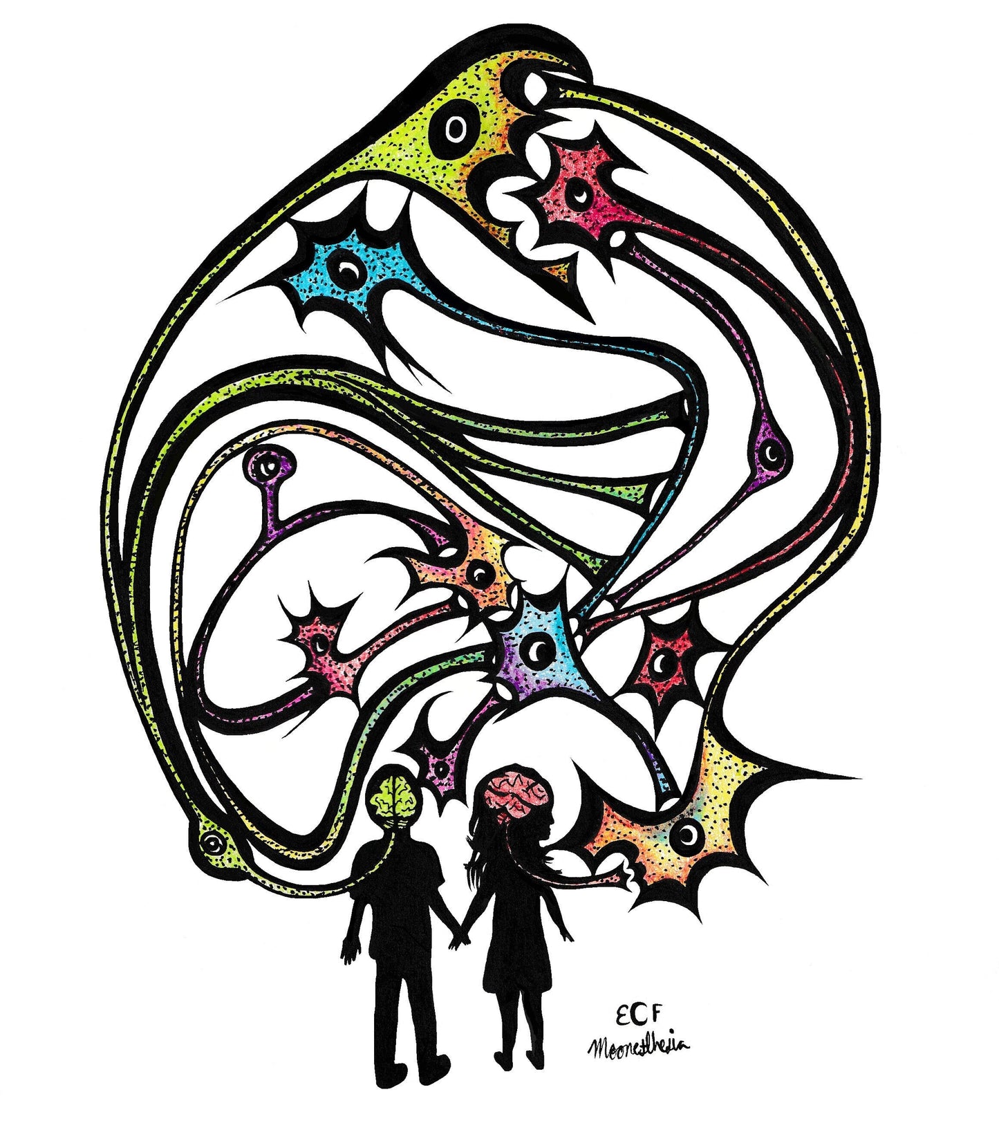 Best Friends Print, Neurons, Anatomy Art, Children, Ink Drawing, Crayon, Colorful, Giclee Print on Fine Art Paper