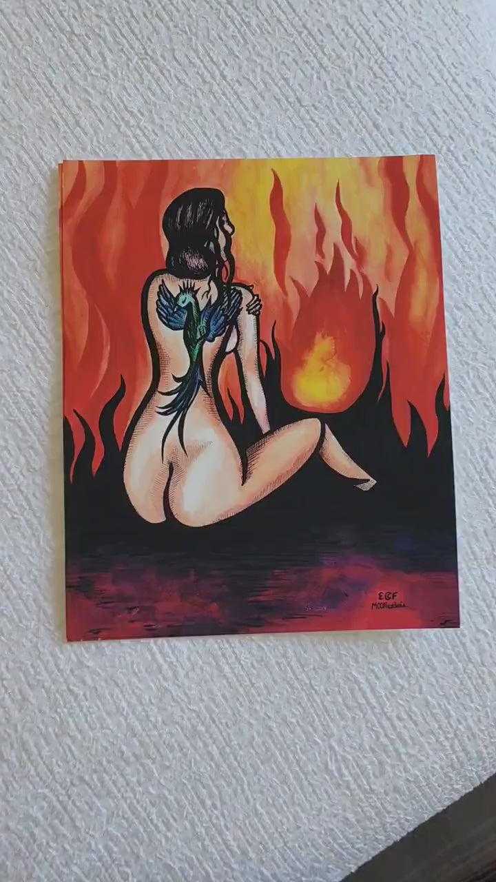 Woman and Flames, Phoenix, Female Body, Giclee Print on Fine Art Paper, Watercolor Painting, Ink Drawing, Feminist Art