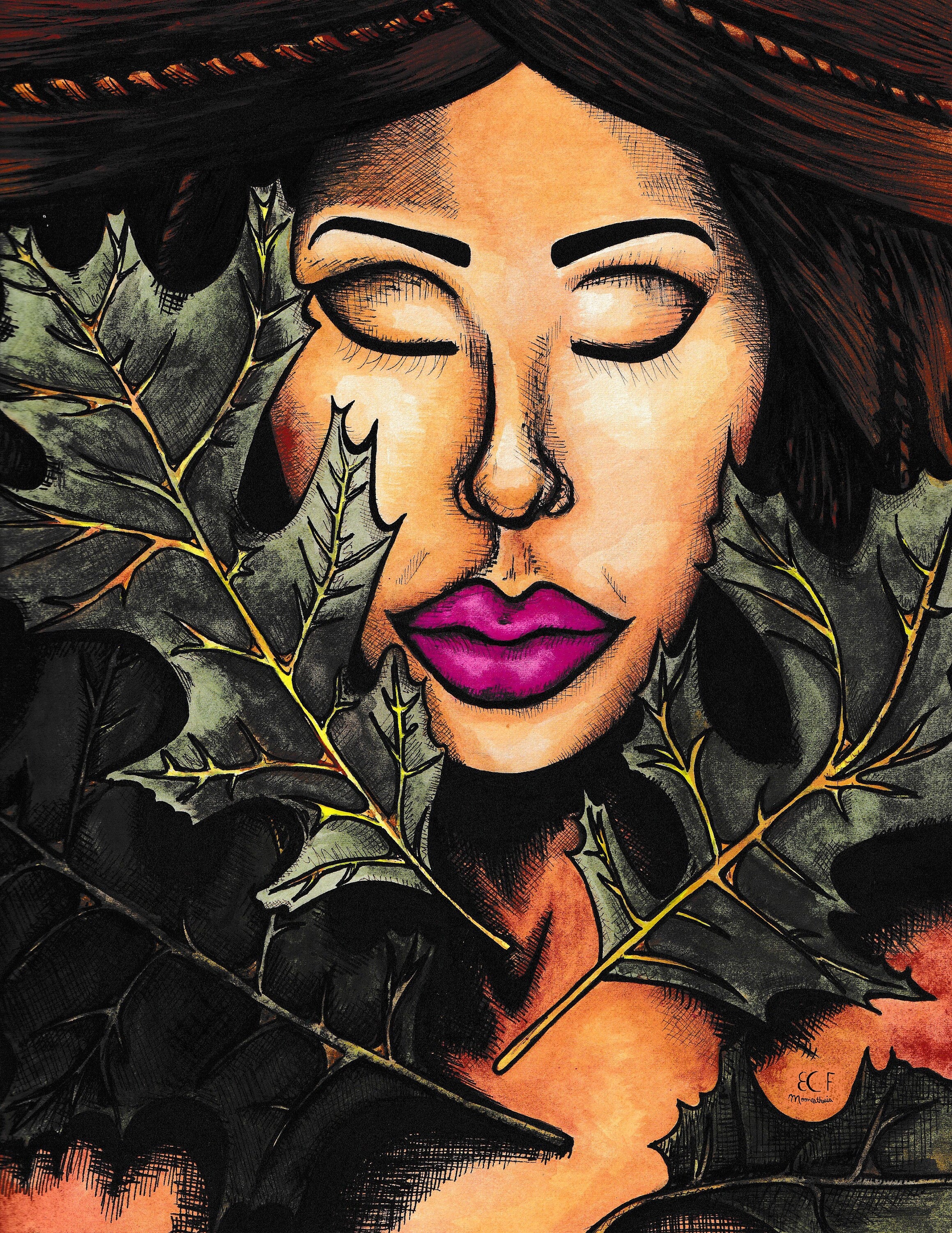 Woman in Leaves, Female Face, Lips, Watercolor Painting, Ink Pen Drawing, Giclee Print on Fine Art Paper