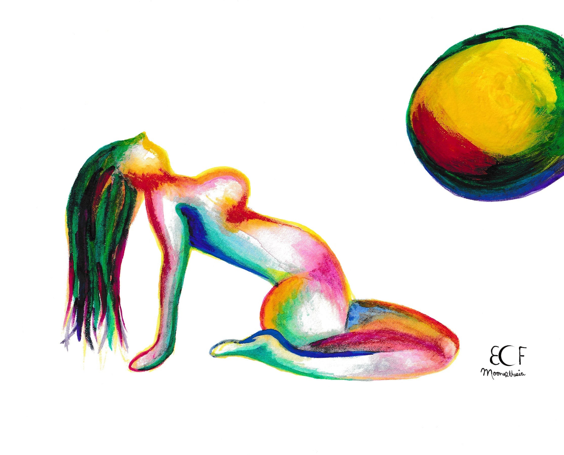 Colorful Woman Print, Watercolor Painting, Sun, Moon, Art, Female, Woman Body, Giclee Print on Fine Art Paper