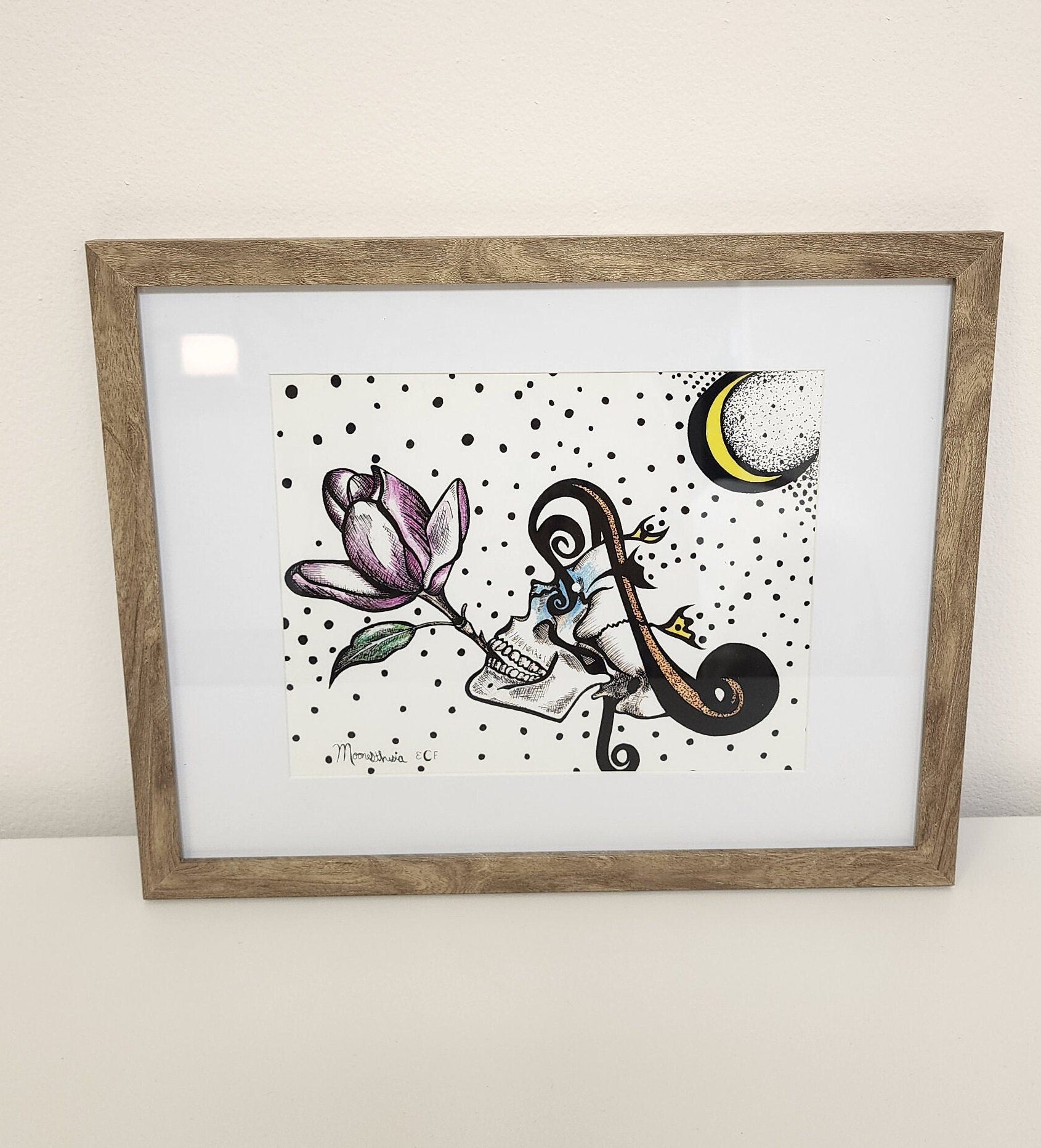 Skull and Moon, Dots, Flower, Magnolia, Floral Anatomy, Anatomy Print, Colored Pencil, Ink, Pen, Giclee Print on Fine Art Paper
