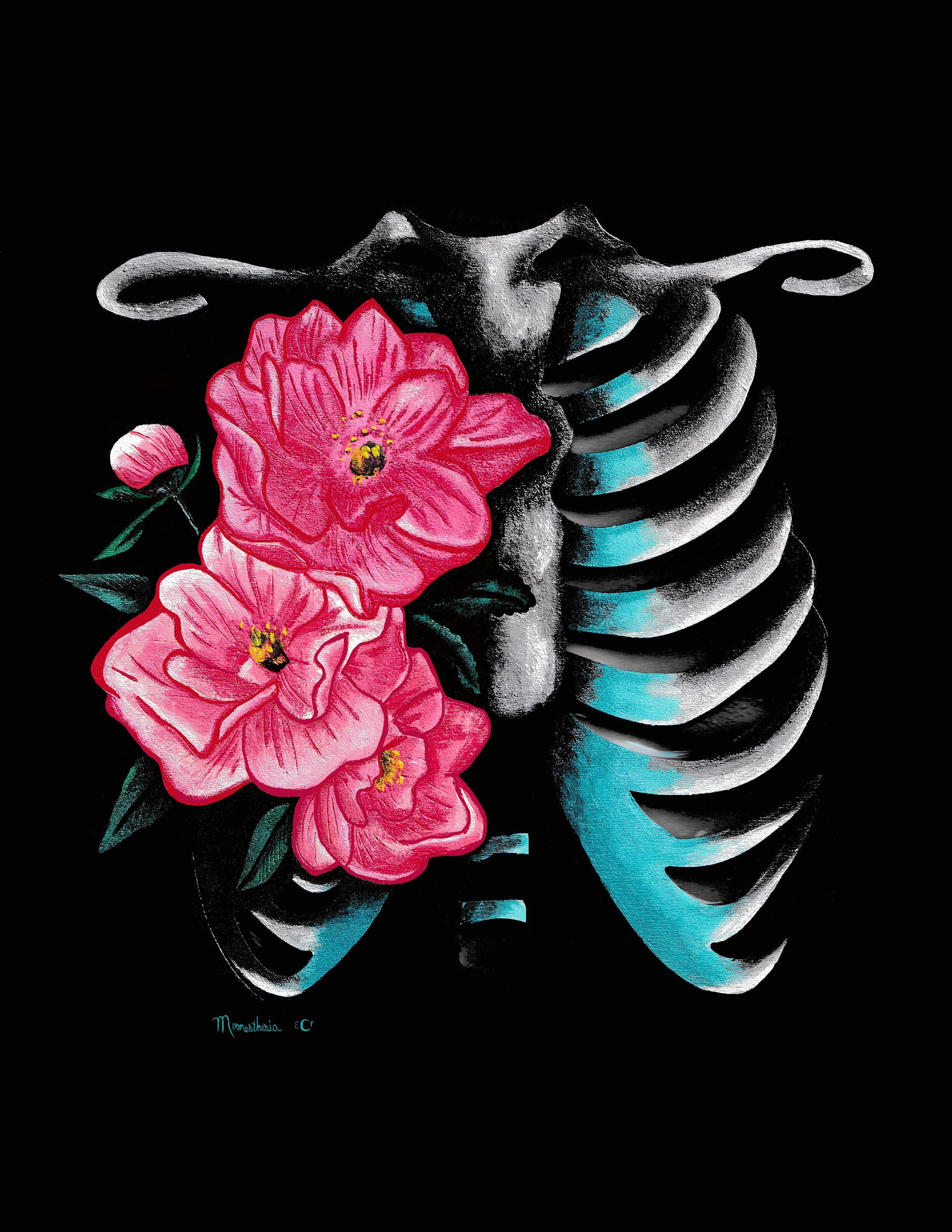 Floral Anatomy, Thoracic Cage, Anatomy Art, Acrylic Painting, Giclee Print on Fine Art Paper